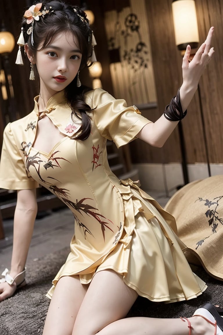 (masterpiece),(best quality:1.2),official art,(extremely detailed CG unity 8k wallpaper),(photorealistic:1.4),1 girl,wearing Light yellow dress,new chinese style,<lora:NEWdress_V2:1>,Stand,Show,large breasts,