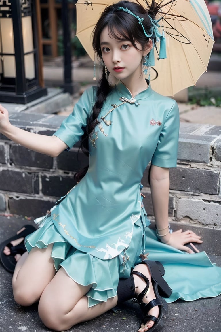 (masterpiece),(best quality:1.2),official art,(extremely detailed CG unity 8k wallpaper),(photorealistic:1.4),1 girl,wearing Light cyan dress,new chinese style,<lora:NEWdress_V2:1>,Medium breast,