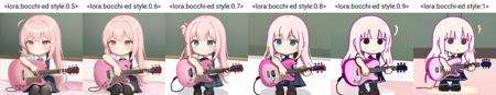 1girl, pink hair, long hair, school uniform, holding guitar, chibi,  <lora:bocchi-ed style:0.5>