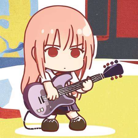 1girl, red hair, long hair, school uniform, holding guitar, chibi,  <lora:bocchi-ed style:1>