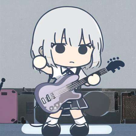 1girl, blue hair, short hair, school uniform, holding guitar, chibi,  <lora:bocchi-ed style:1>