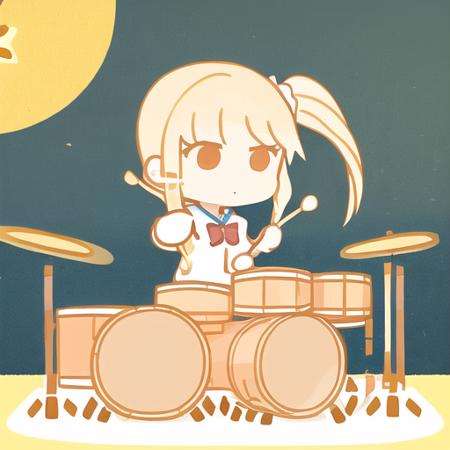 1girl, yellow hair, long hair, ponytail,  school uniform, holding drumsticks, chibi,  <lora:bocchi-ed style:1>