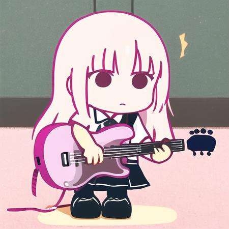 1girl, pink hair, long hair, school uniform, holding guitar, chibi,  <lora:bocchi-ed style:1>