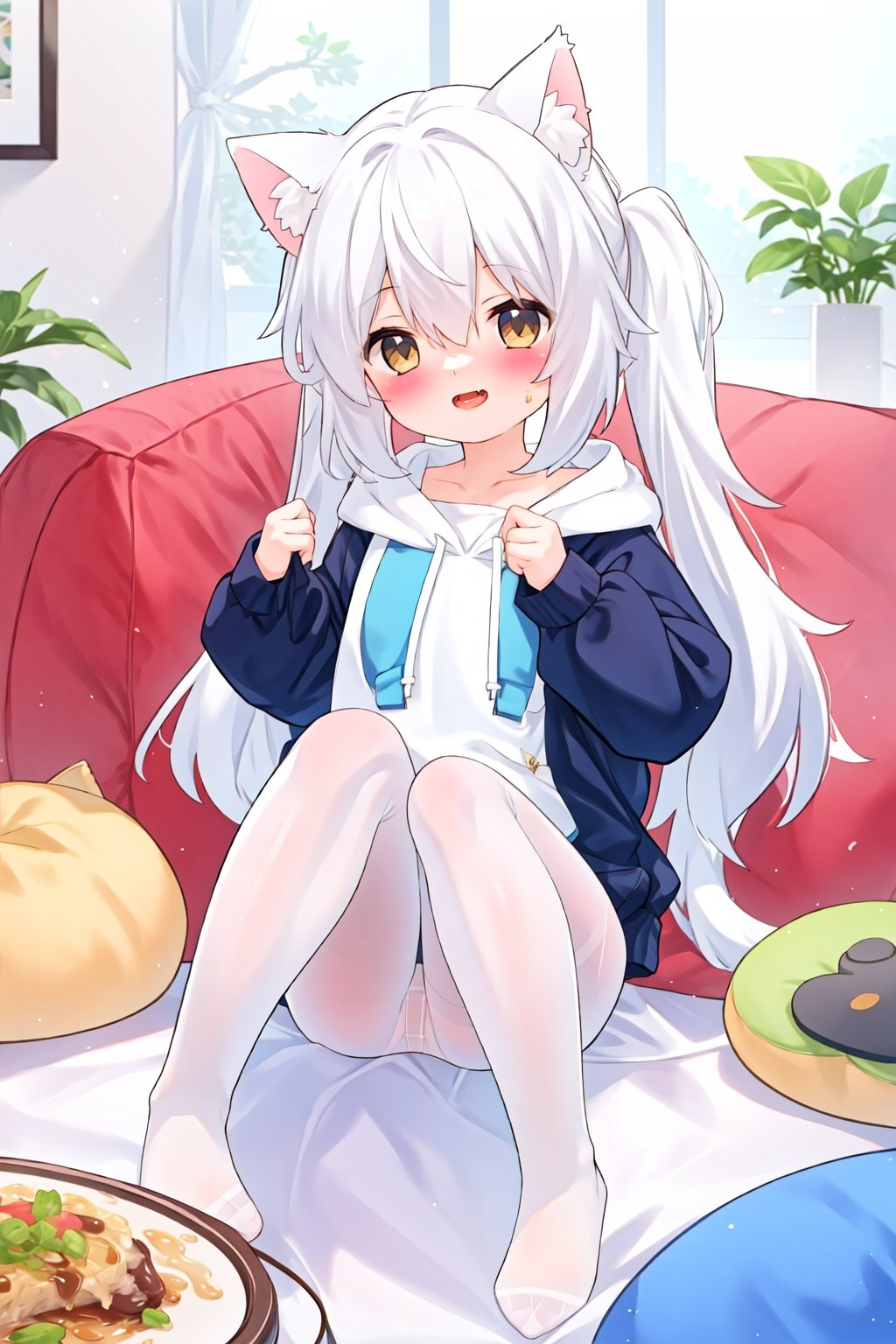 masterpiece,high quality,1girl,(solo:1.2),open mouth,happy,looking at viewer,long hair,(white pantyhose:1.2),cat girl,cat ears,cat tail,hoodie,living room,tabel,food,, <lora:EMS-5265-EMS:1>