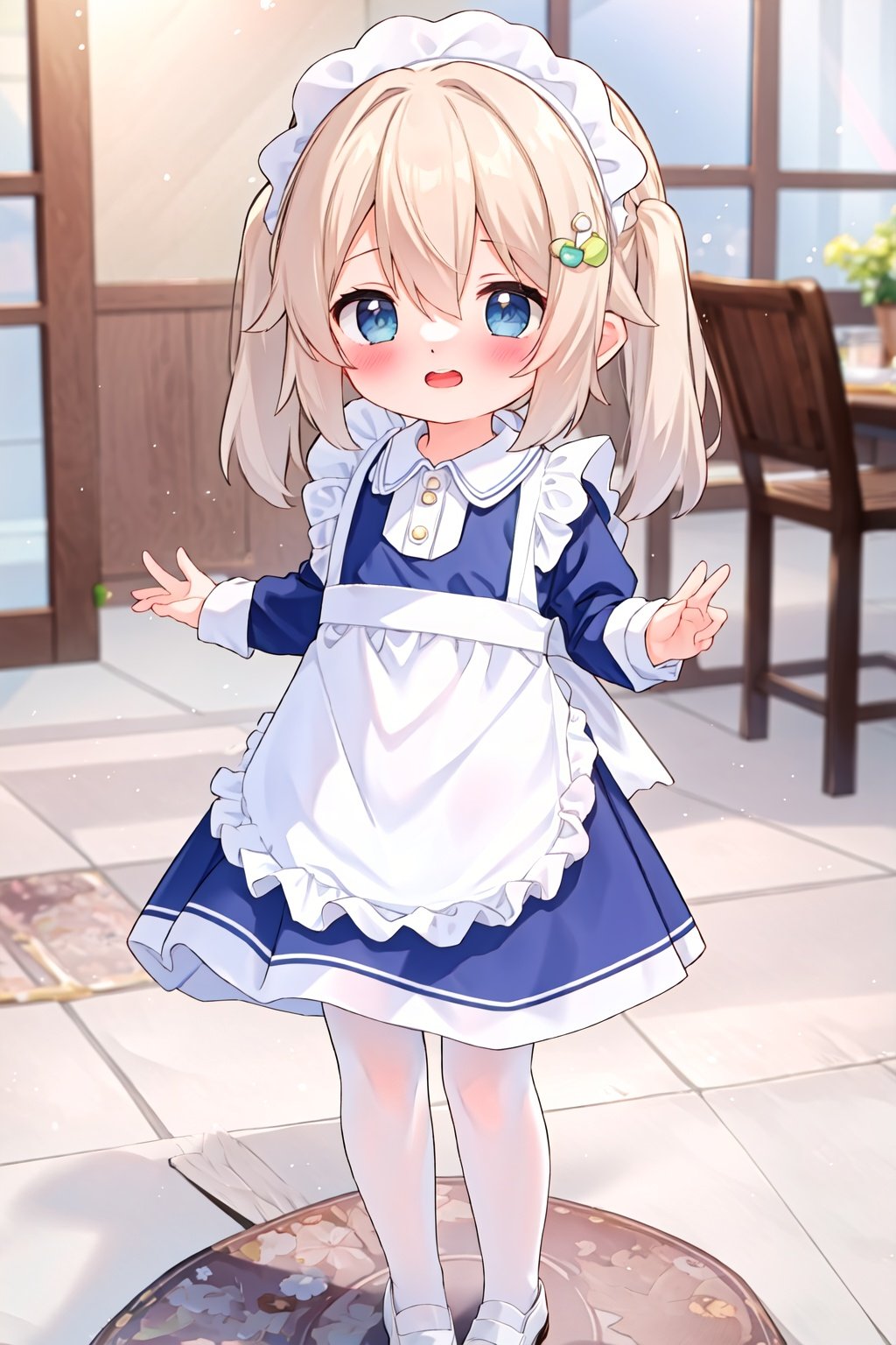 masterpiece,high quality,1girl,(solo:1.2),open mouth,happy,standing,looking at viewer,long hair,(loli:1.2),(child:1.2),(white pantyhose:1.2),maid,maid apron,maid head gear,, <lora:EMS-5265-EMS:1>