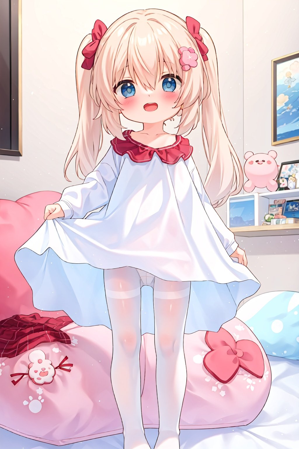 masterpiece,high quality,1girl,(solo:1.2),open mouth,happy,standing,looking at viewer,long hair,(loli:1.2),(child:1.2),(white pantyhose:1.2),pajamas,bedroom,, <lora:EMS-5265-EMS:1>