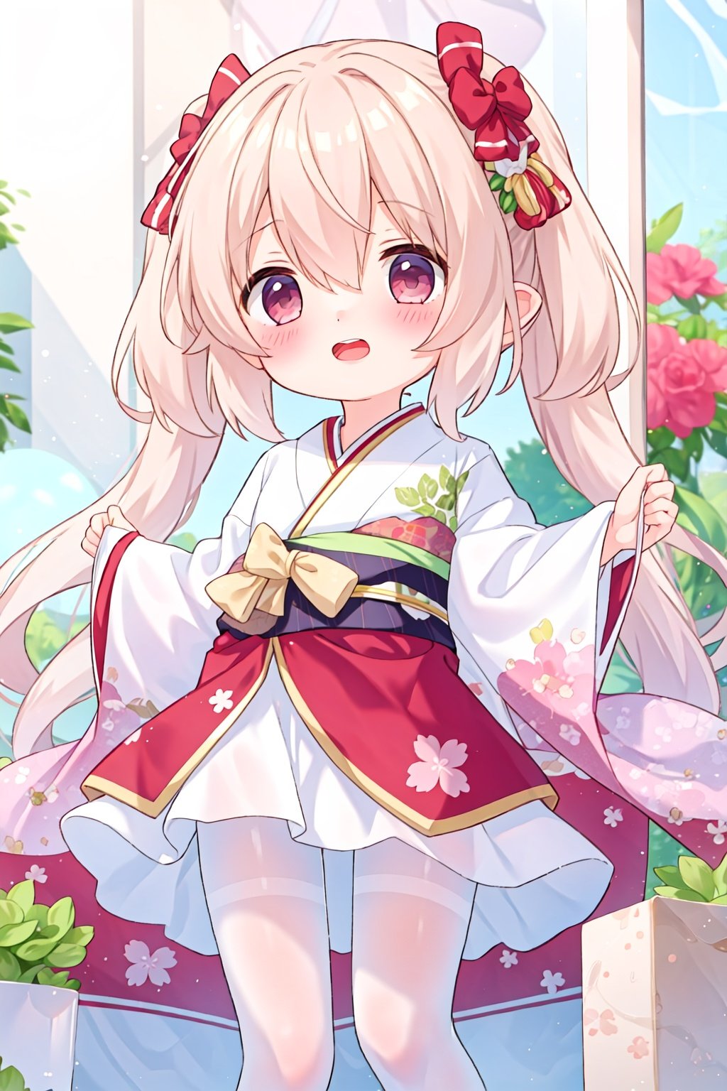 masterpiece,high quality,1girl,(solo:1.2),open mouth,happy,standing,looking at viewer,long hair,(loli:1.2),(child:1.2),(white pantyhose:1.2),kimono,, <lora:EMS-5265-EMS:1>