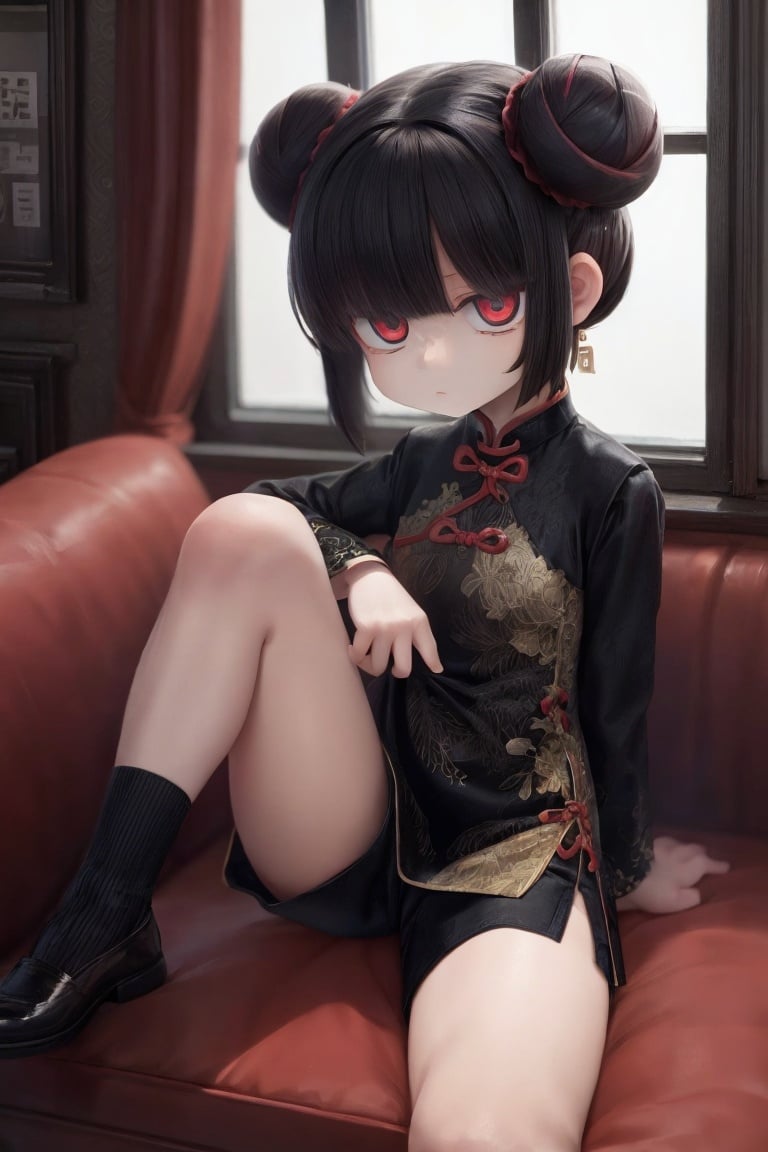 1girl,sitting,black hair,double bun,short hair,red eyes,expressionless,black cheongsam,minidress,long sleeves,wide sleeves,Safety shorts,