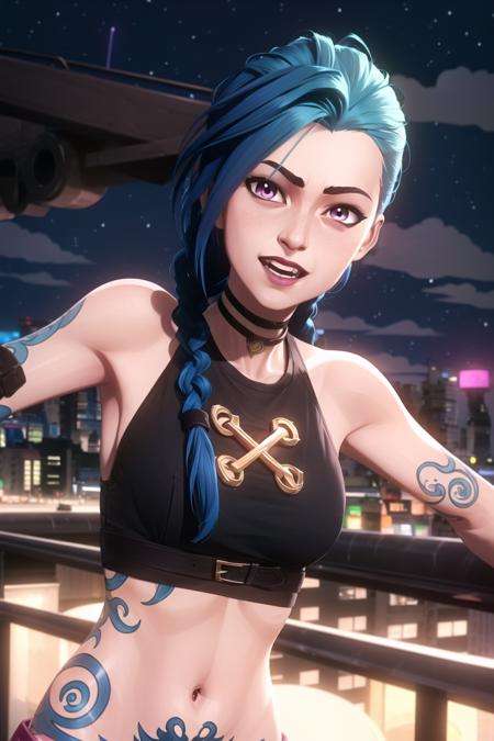 arcane style,1girl, arm tattoo, asymmetrical bangs, bangs, blue hair, braid, brown shirt, cloud tattoo, looking at viewer, laughing, crazy, uncontrollable laugh, mad look, night, city, green hair, long hair, midriff, pink eyes, red lips, shirt, solo, standing, tattoo, twin braids, upper body, arcane jinx, jinx \(league of legends\)<lora:arcane:0.65>