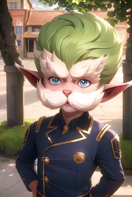 arcane style,solo, letterboxed, 1boy, yordle, pointy ears, male focus, blonde hair, blue eyes, beard, facial hair, upper body, outdoors, uniform, jacket, ((masterpiece))<lora:arcane:0.65>