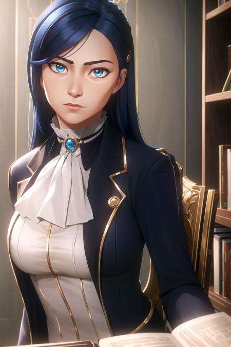 arcane style,1girl, solo, long hair, bangs, letterboxed, book, closed mouth, blue eyes, ascot, holding, jacket, shiny hair, blue hair, upper body, looking at viewer, holding book, shiny, indoors, white ascot, brooch, asymmetrical bangs, ((masterpiece))<lora:arcane:0.65>