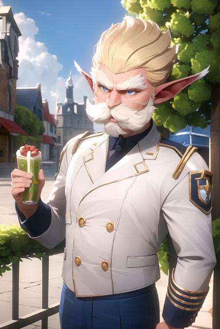 arcane style,solo, letterboxed, 1boy, yordle, pointy ears, male focus, blonde hair, blue eyes, beard, facial hair, upper body, outdoors, uniform, jacket, white jacket, ((masterpiece))<lora:arcane:0.65>