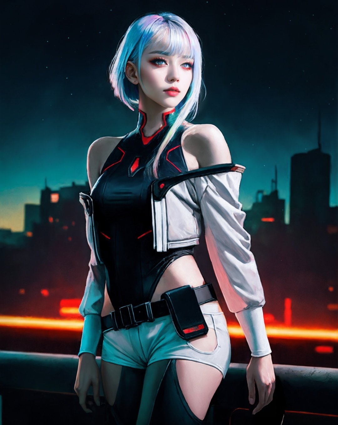 masterpiece, (photorealistic:1.4), best quality, beautiful lighting, (ulzzang-6500:0.5), lucy \(cyberpunk\), 1girl, white hair, against railing, arm rest, bangs, bare shoulders, belt, black belt, black leotard, black pants, blurry, bob cut, breasts, building, cityscape, clothing cutout, (cropped jacket), cyberpunk, depth of field, from side, gradient eyes, grey eyes, grey hair, white jacket, leotard, lips, long sleeves, looking afar, looking ahead, (mechanical parts), medium breasts, multicolored eyes, multicolored hair, night, night sky, off shoulder, open clothes, open jacket, outdoors, pants, parted lips, railing, red eyeliner, science fiction, short hair with long locks, short shorts, shorts, sidelocks, sky, solo, standing, teeth, thigh cutout, upper teeth only, white jacket, white shorts, cyberpunk \(series\), cyberpunk edgerunners, RAW photo, 8k uhd, film grain, cosplay, white wig, night, neon lights,,,, <lora:lucy_offset:1.21>