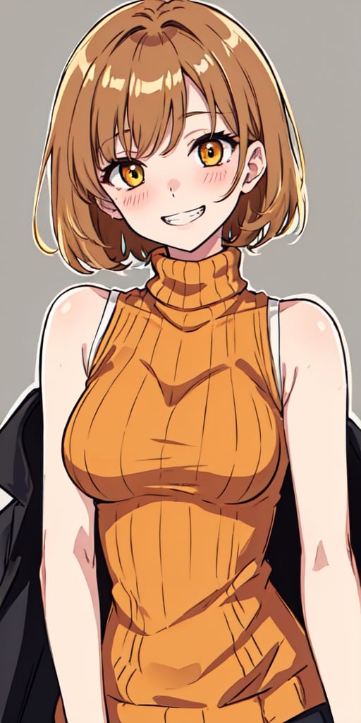 masterpiece,best quality,detailed faces and eyes,1girl, breasts, orange_shirt, solo, short_hair, smile, sweater, turtleneck, ribbed_sweater, blush, sleeveless, orange_sweater, looking_at_viewer, brown_eyes, outline, blonde_hair, upper_body, bare_shoulders, brown_hair, grin, sleeveless_turtleneck, yellow_eyes,cartoon 