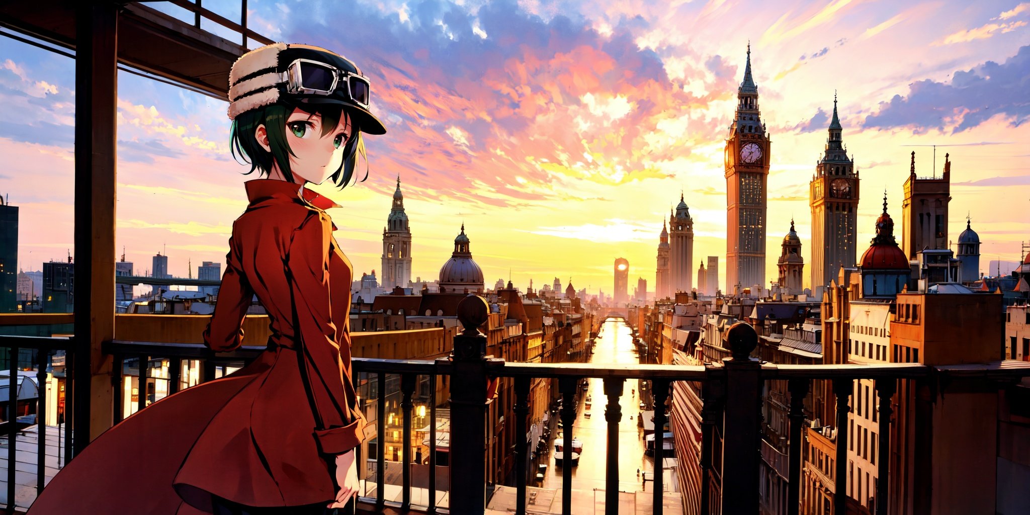 absurdres, highres, best quality, <lora:kino_v2:1> kino \(kino no tabi\), balcony, sunset, city, googles on head, hat, traveling outfit, coat, dynamic pose, looking away, from side, 