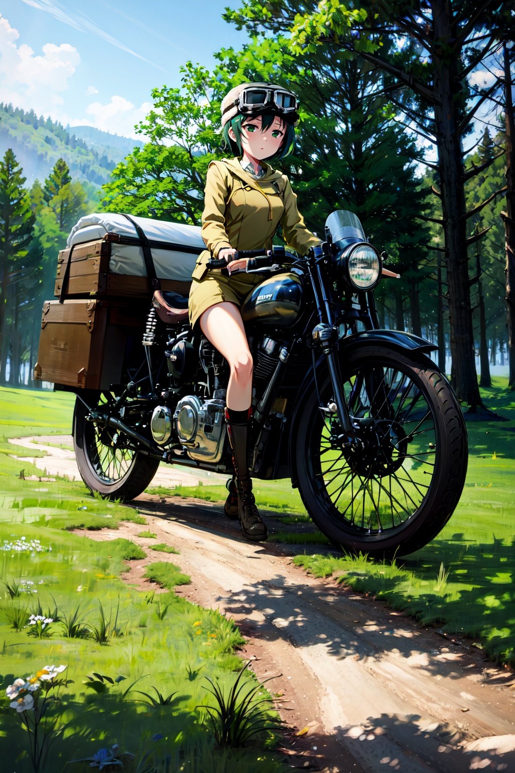 absurdres, highres, best quality, <lora:kino_v2:1> kino \(kino no tabi\), outdoors, goggles on head, motorcycle, full body, green clothes, forest, 