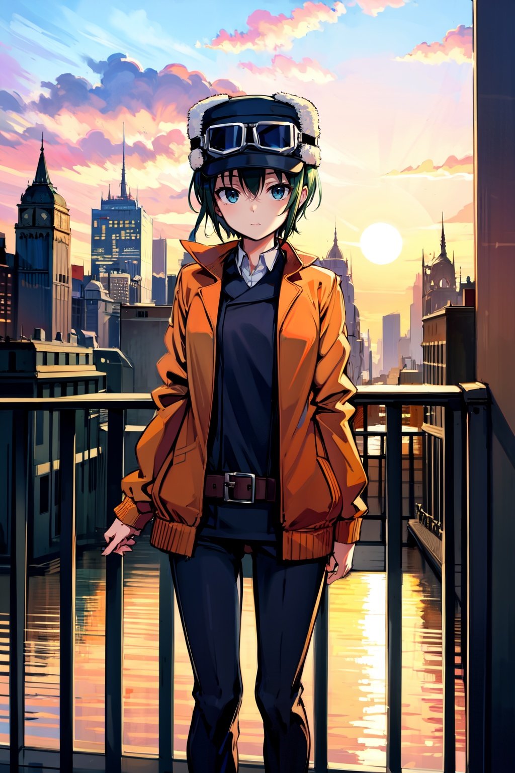 absurdres, highres, best quality, <lora:kino_v2:1> kino \(kino no tabi\), balcony, sunset, city, googles on head, hat, traveling outfit, 