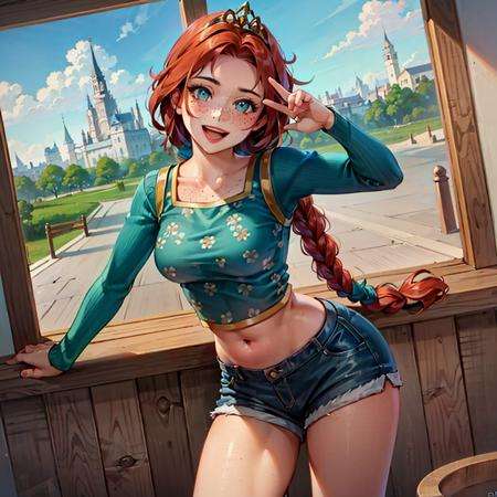 (FionaWaifu:1), 1girl, cute, cute pose, (long hair, tiara, red hair, braid, blue eyes, freckles, makeup), (shorts, crop top:1), curvy, looking at viewer, smile, :D, breast focus, leaning forward,(detailed ladscape, castle, window, sky, flowers, clouds:1.2), (background:1), (dynamic_angle:1.2), (dynamic_pose:1.2), (rule of third_composition:1.3), (dynamic_perspective:1.2), (dynamic_Line_of_action:1.2), solo, wide shot,(masterpiece:1.2), (best quality, highest quality), (ultra detailed), (8k, 4k, intricate), (full-body-shot:1), (Cowboy-shot:1.2), (50mm), (highly detailed:1.2),(detailed face:1.2), detailed_eyes,(gradients),(ambient light:1.3),(cinematic composition:1.3),(HDR:1),Accent Lighting,extremely detailed,original, highres,(perfect_anatomy:1.2), chu <lora:FionaPrincess_Character:0.6>