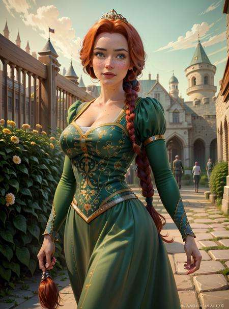 (FionaWaifu:1), 1girl, cute, cute pose, (long hair, tiara, red hair, braid, blue eyes, freckles, makeup), (green dress:1), curvy, looking at viewer, smile, :D, breast focus, leaning forward, walking,(detailed ladscape, castle, kingdom, garden, sky, flowers:1.2), (background:1), (dynamic_angle:1.2), (dynamic_pose:1.2), (rule of third_composition:1.3), (dynamic_perspective:1.2), (dynamic_Line_of_action:1.2), solo, wide shot,(masterpiece:1.2), (best quality, highest quality), (ultra detailed), (8k, 4k, intricate), (full-body-shot:1), (Cowboy-shot:1.2), (50mm), (highly detailed:1.2),(detailed face:1.2), detailed_eyes,(gradients),(ambient light:1.3),(cinematic composition:1.3),(HDR:1),Accent Lighting,extremely detailed,original, highres,(perfect_anatomy:1.2), <lora:FionaPrincess_Character:0.6>