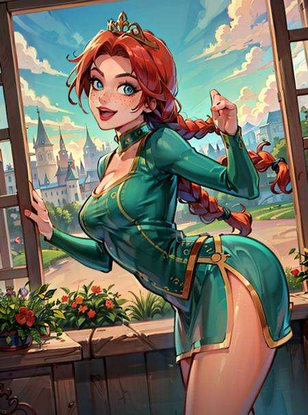 (FionaWaifu:1), 1girl, cute, cute pose, (long hair, tiara, red hair, braid, blue eyes, freckles, makeup), (short dress:1), curvy, looking at viewer, smile, :D, breast focus, leaning forward,(detailed ladscape, castle, window, sky, flowers, clouds:1.2), (background:1), (dynamic_angle:1.2), (dynamic_pose:1.2), (rule of third_composition:1.3), (dynamic_perspective:1.2), (dynamic_Line_of_action:1.2), solo, wide shot,(masterpiece:1.2), (best quality, highest quality), (ultra detailed), (8k, 4k, intricate), (full-body-shot:1), (Cowboy-shot:1.2), (50mm), (highly detailed:1.2),(detailed face:1.2), detailed_eyes,(gradients),(ambient light:1.3),(cinematic composition:1.3),(HDR:1),Accent Lighting,extremely detailed,original, highres,(perfect_anatomy:1.2), chu <lora:FionaPrincess_Character:0.6> <lora:reiqStyleLORA_v2:0.6>