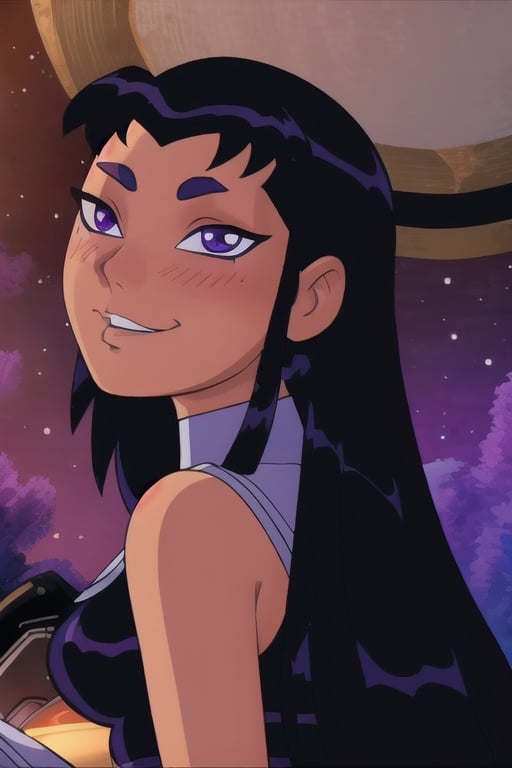 (8k, RAW photo, best quality, masterpiece:1.2), (intricate details), perfect eyes, perfect face, perfect lighting, beautiful, (masterpiece:1.2), (best quality:1.2), 1girl, cartoon style, blackfire, solo, space background, blush, <lora:blackfire-10:0.85>