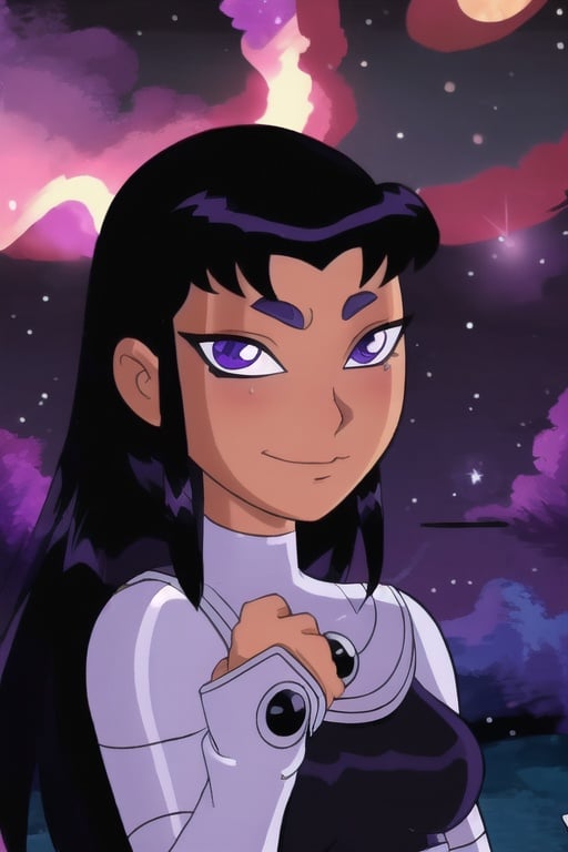 (8k, RAW photo, best quality, masterpiece:1.2), (intricate details), perfect eyes, perfect face, perfect lighting, beautiful, (masterpiece:1.2), (best quality:1.2), 1girl, cartoon style, blackfire, solo, space background, blush, portrait, upperbody, <lora:blackfire-10:0.85>