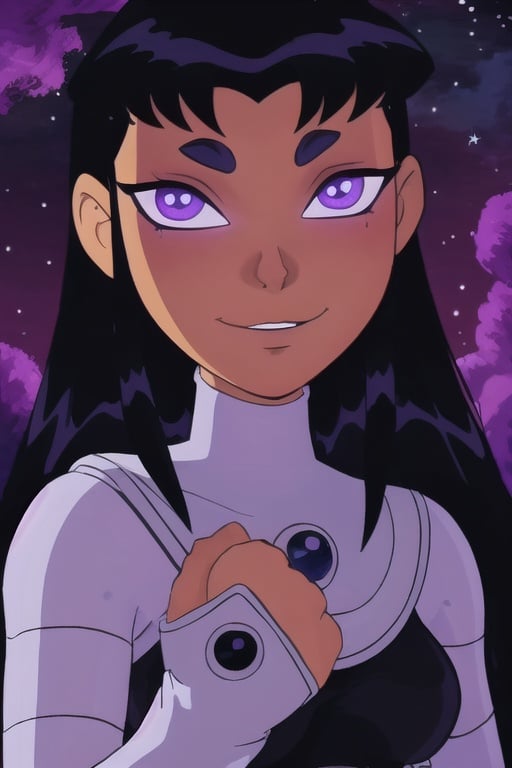 (8k, RAW photo, best quality, masterpiece:1.2), (intricate details), perfect eyes, perfect face, perfect lighting, beautiful, (masterpiece:1.2), (best quality:1.2), 1girl, cartoon style, blackfire, solo, space background, blush, portrait, upperbody, <lora:blackfire-10:0.85>