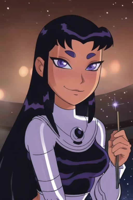 (8k, RAW photo, best quality, masterpiece:1.2), (intricate details), perfect eyes, perfect face, perfect lighting, beautiful, (masterpiece:1.2), (best quality:1.2), 1girl, cartoon style, blackfire, solo, space background, blush, <lora:blackfire-10:0.85>