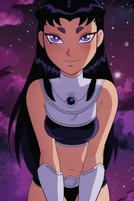 (8k, RAW photo, best quality, masterpiece:1.2), (intricate details), perfect eyes, perfect face, perfect lighting, beautiful, (masterpiece:1.2), (best quality:1.2), 1girl, cartoon style, blackfire, solo, space background, blush, <lora:blackfire-10:0.85>