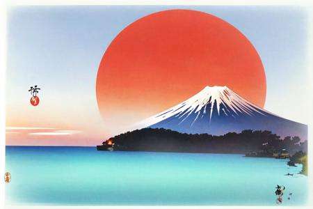 <lora:ohara koson:1>, ohara koson, mount fuji, clear sky, red sun,