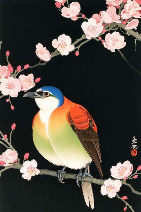 <lora:ohara koson:1>, ohara koson, bird, black background, cherry blossoms, branch, solo focus,