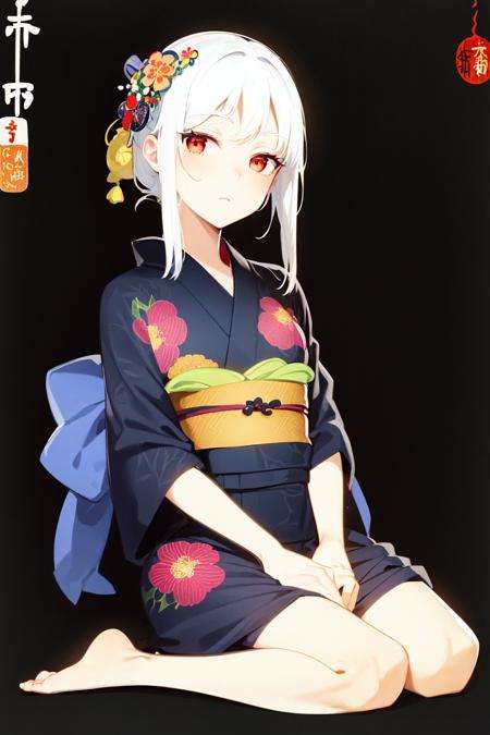 <lora:ohara koson:1>, ohara koson, black background, 1girl, white hair, red eyes, (black yukata:1.3), (floral print:1.3), sitting, kneeling, (mature female:1.3), sketch,