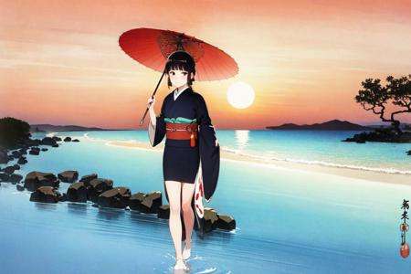 <lora:ohara koson:1>, ohara koson, 1girl, beach, sunset, red sun, umbrella, japan,