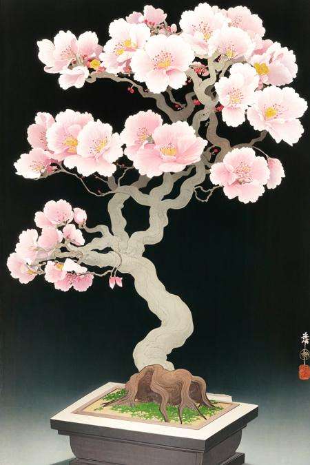 <lora:ohara koson:1>, ohara koson, black background, cherry blossoms tree, bonsai,