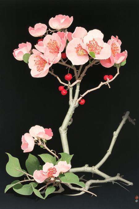 <lora:ohara koson:1>, ohara koson, black background, cherry blossoms tree, grass, miniature,