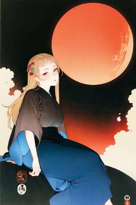 <lora:ohara koson:1>, ohara koson, mount fuji, clear sky, red moon, 1girl, night, black background,