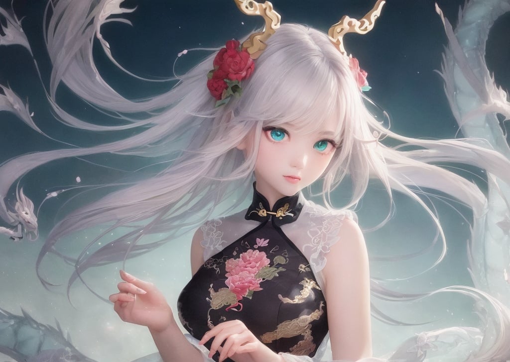 ((masterpiece)),((best quality)),(ultra-detailed),(illustration),((an extremely delicate and beautiful)),(dynamic angle),chinese dragon,china,1girl,(beautiful detailed eyes),cute pink eyes,green pupil,detailed face,upper body,messy floating hair,disheveled hair,focus,perfect hands