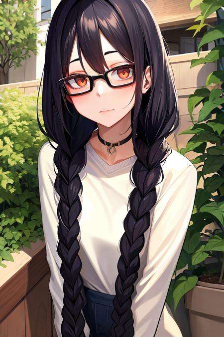 absurdres, highres, 1girl, black hair, twin braids, glasses, looking at viewer,