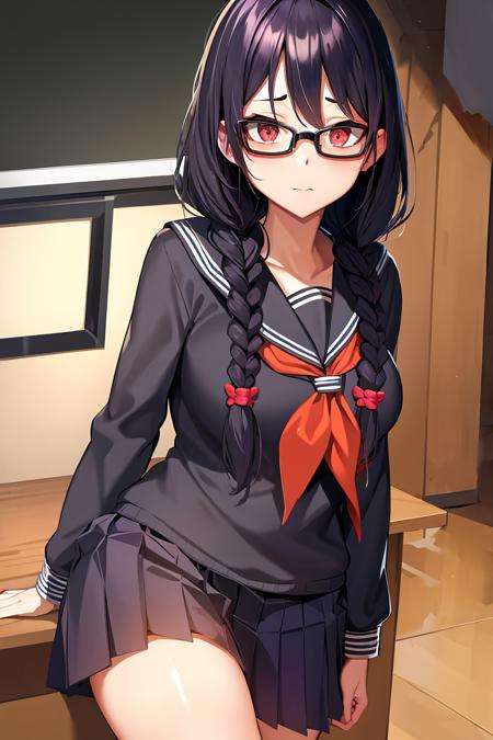 absurdres, highres, 1girl, black hair, twin braids, glasses, looking at viewer, school uniform,