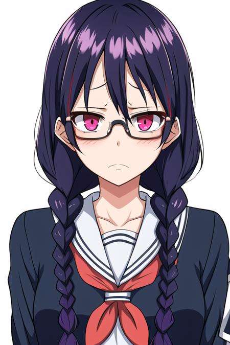 absurdres, highres, 1girl, black hair, twin braids, glasses, looking at viewer, school uniform, sad, frown,