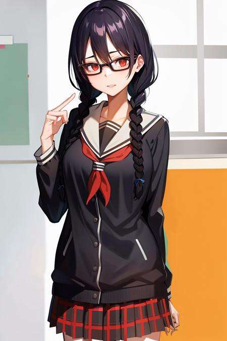 absurdres, highres, 1girl, black hair, twin braids, glasses, looking at viewer, school uniform,