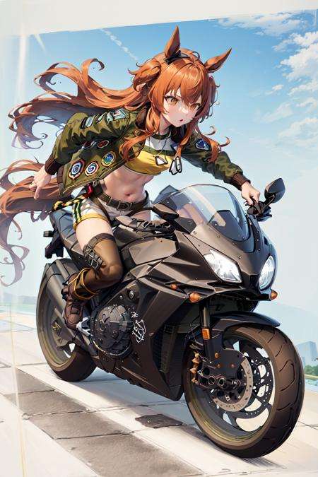 masterpiece, best quality,mayano topgun \(umamusume\),dog tags, navel, brown thighhighs, midriff, yellow crop top, bomber jacket, white short shorts, green jacket, boots, brown footwear, open jacket,motor vehicle, ground vehicle, motorcycle, military vehicle, riding, profile,<lora:mayano_topgun_lora:0.8>