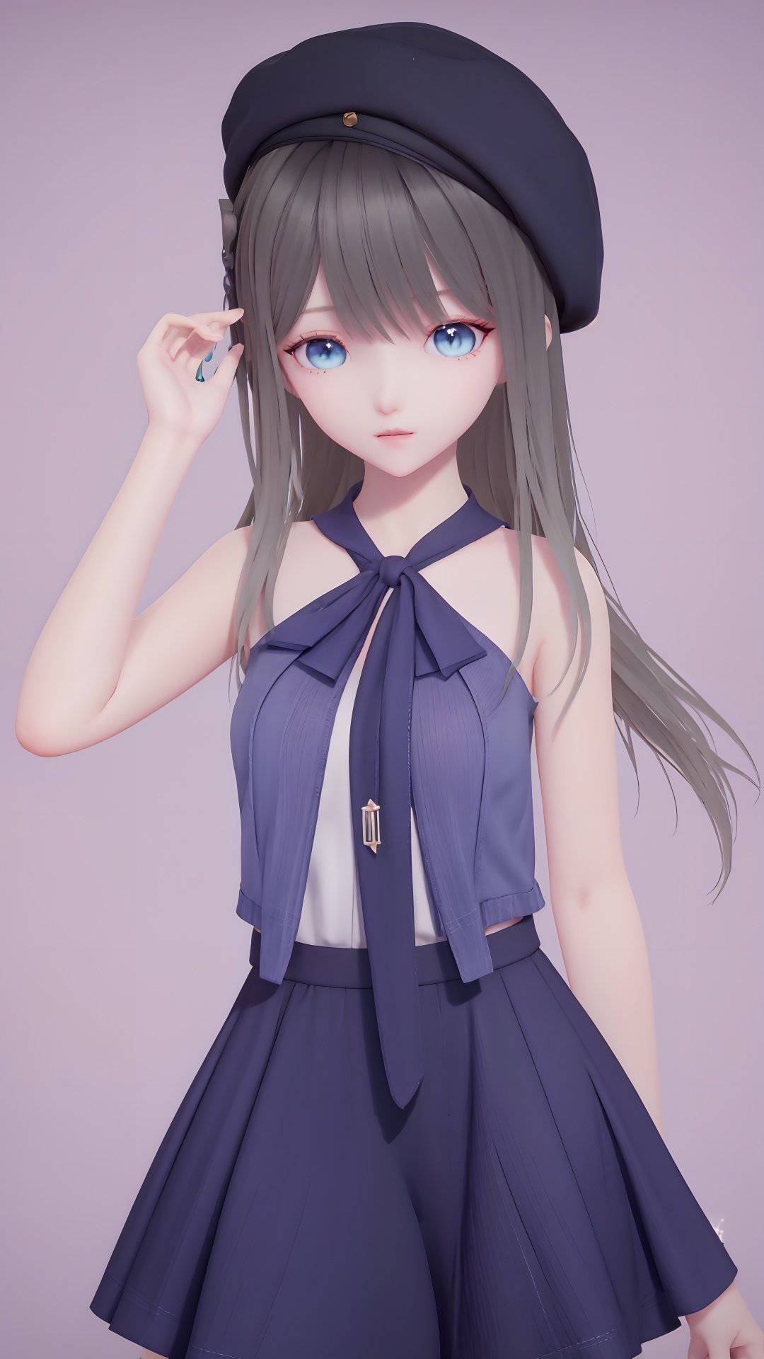 masterpiece,best quality,1girl, bangs, beret, black_bow, black_headwear, black_ribbon, blue_eyes, bow, closed_mouth, hat, long_hair, looking_at_viewer, sleeveless, solo, cowboy shot, <lora:lumi:0.8>