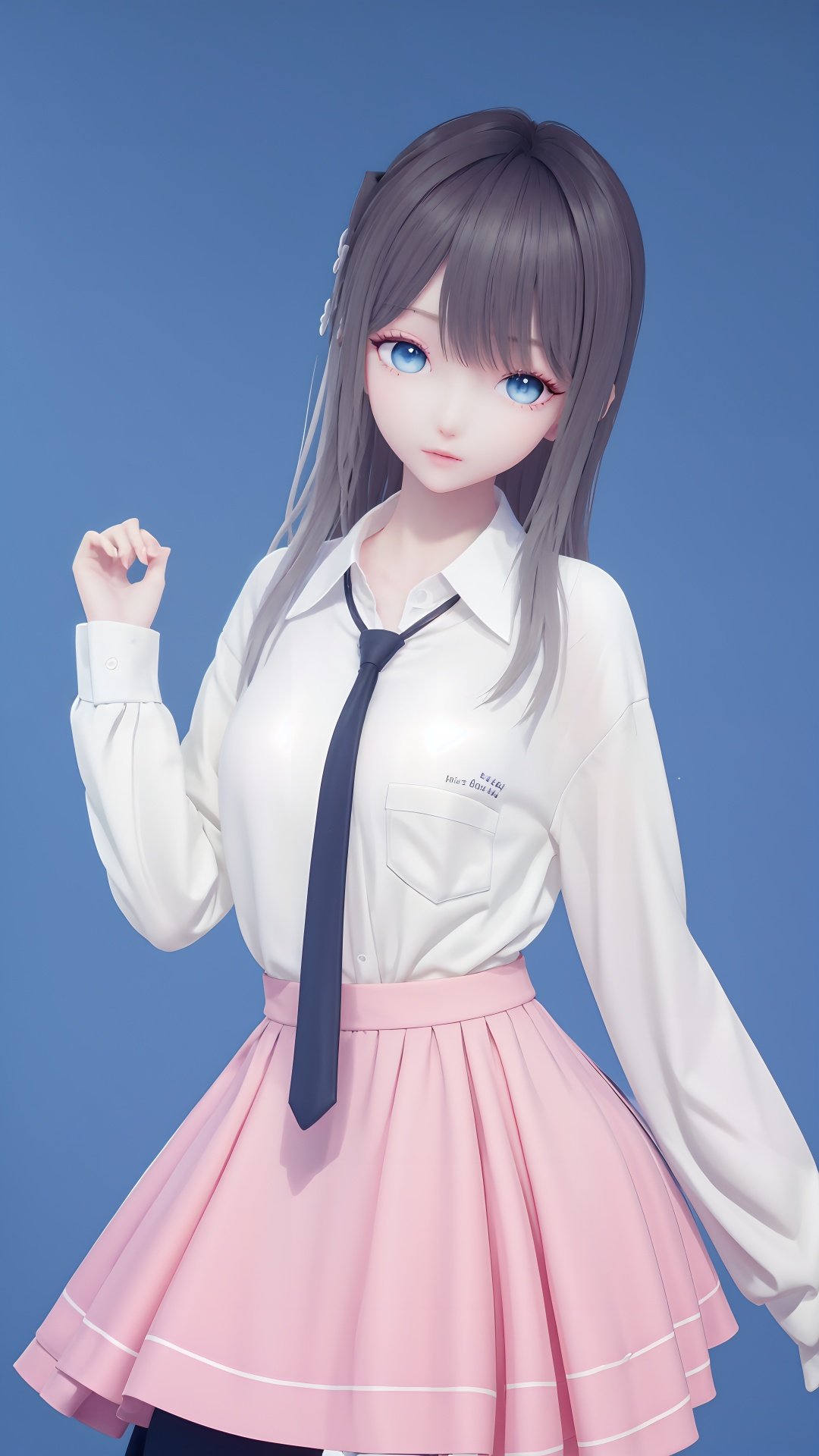 masterpiece,best quality,1girl, bangs, black_necktie, black_skirt, blue_background, blue_eyes, closed_mouth, collared_shirt, long_hair, long_sleeves, looking_at_viewer, necktie, pleated_skirt, shirt, simple_background, skirt, solo, white_shirt,  <lora:lumi:0.8>