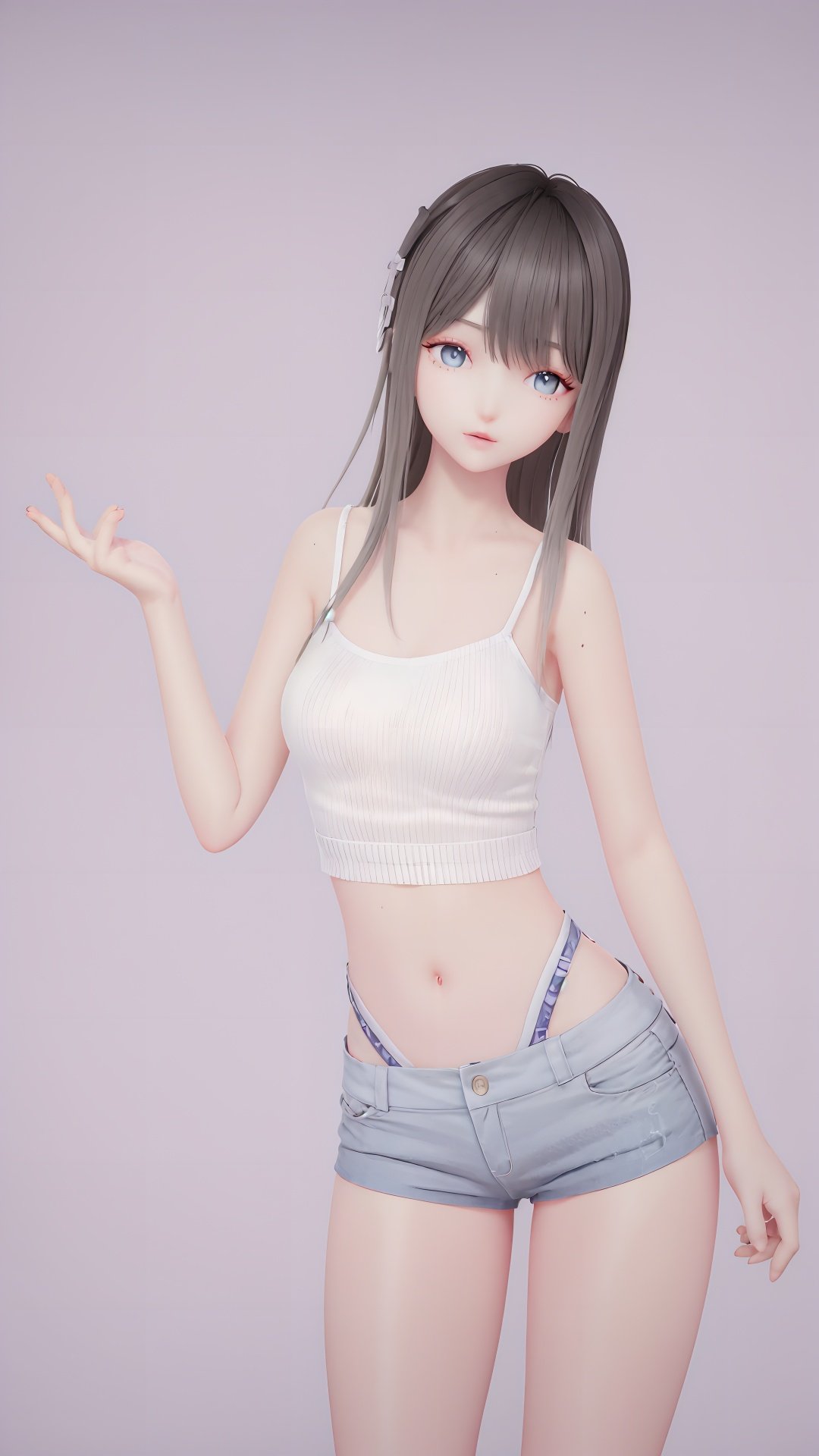 masterpiece,best quality,1girl, bangs, bare_arms, bare_shoulders, blue_eyes, collarbone, cowboy_shot, crop_top, highleg, highleg_panties, long_hair, looking_at_viewer, navel, panties, realistic, short_shorts, shorts,  solo, standing, underwear, <lora:lumi:0.8>