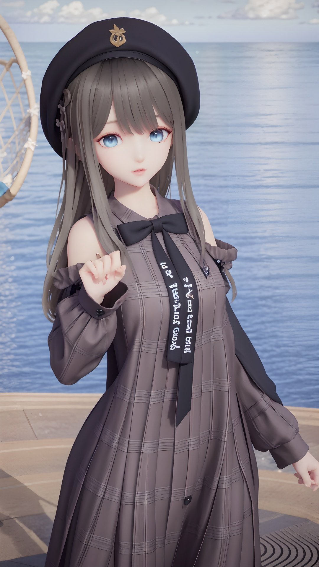 masterpiece,best quality,1girl, blunt_bangs, black beret, black_bow,black_bowtie, black_headwear, black_ribbon, blue_eyes, bow, closed_mouth, hat, long_hair, looking_at_viewer, detached_sleeves,long_sleeves,brown_plaid_dress,beach,ocean, shore, solo, cowboy shot, <lora:lumi:0.8>