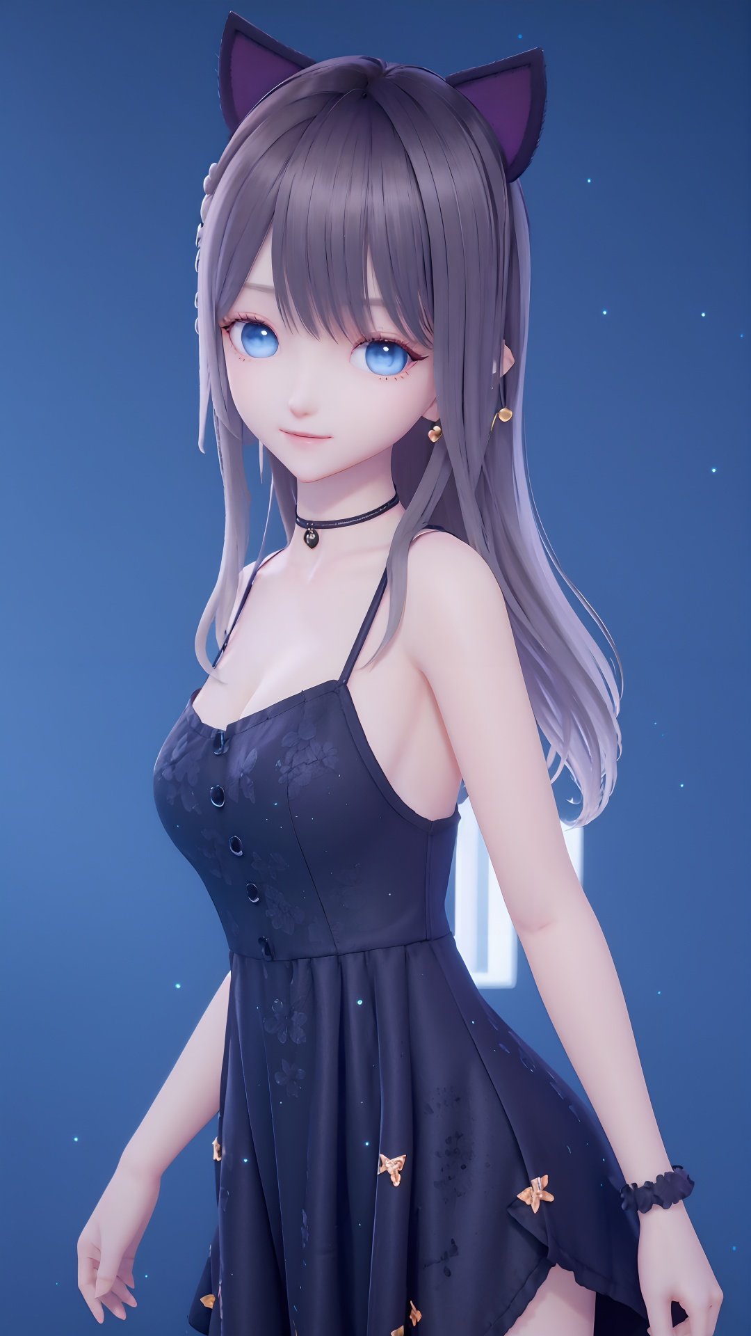 masterpiece,best quality,1girl, animal_ears, arms_behind_back, bangs, bare_shoulders, black_choker, black_dress, black_hair, blue_eyes, bow, breasts, cat_ears, choker, dress, earrings, jewelry, long_hair, looking_at_viewer, sleeveless, smile, solo, standing, simple background, <lora:lumi:0.8>