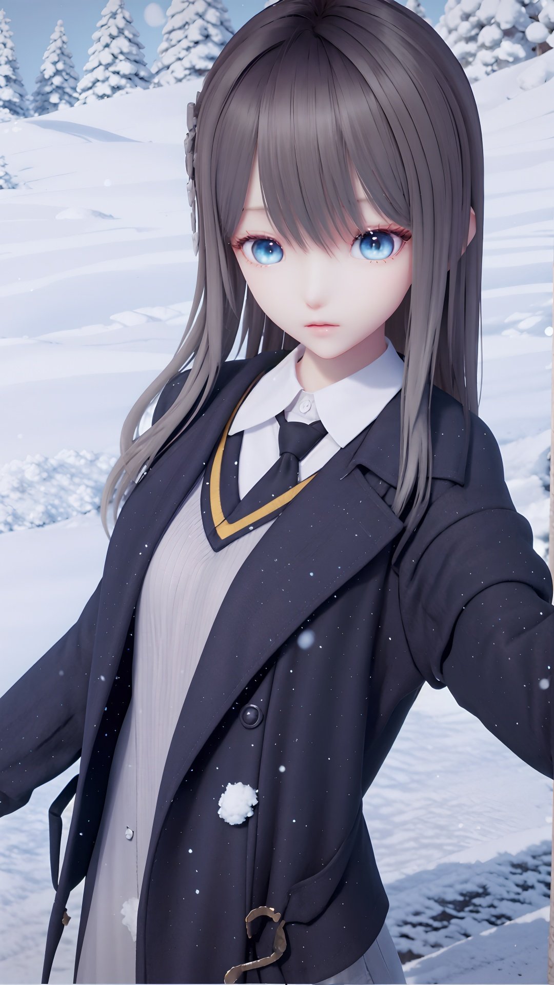 masterpiece,best quality,1girl, bangs, blue_eyes, black_jacket, long_hair, necktie, outdoors, collared_shirt, snow, solo, cowboy shot, white_shirt, winter, <lora:lumi:0.8>