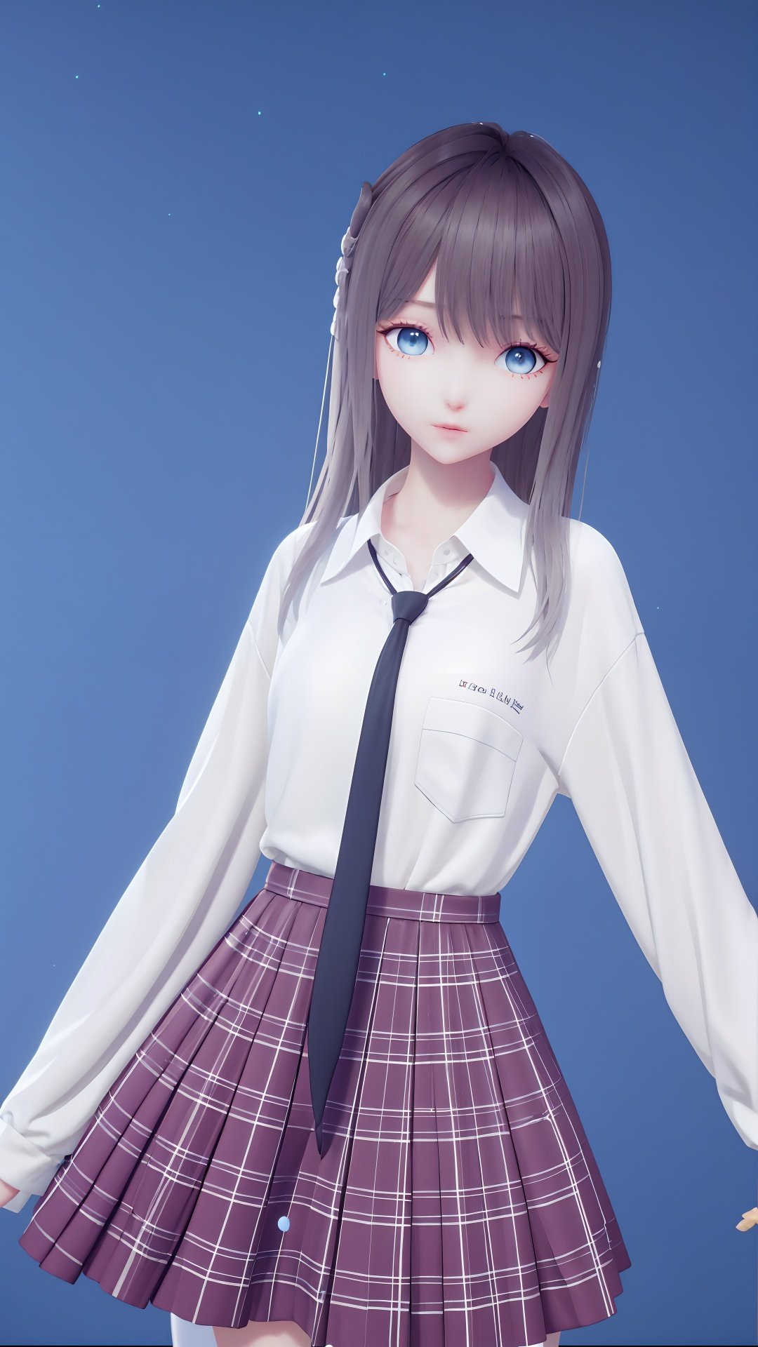 masterpiece,best quality,1girl, bangs, black_necktie, black_skirt, blue_background, blue_eyes, closed_mouth, collared_shirt, long_hair, long_sleeves, looking_at_viewer, necktie, pleated_skirt, shirt, simple_background, skirt, solo, white_shirt,  <lora:lumi:0.8>