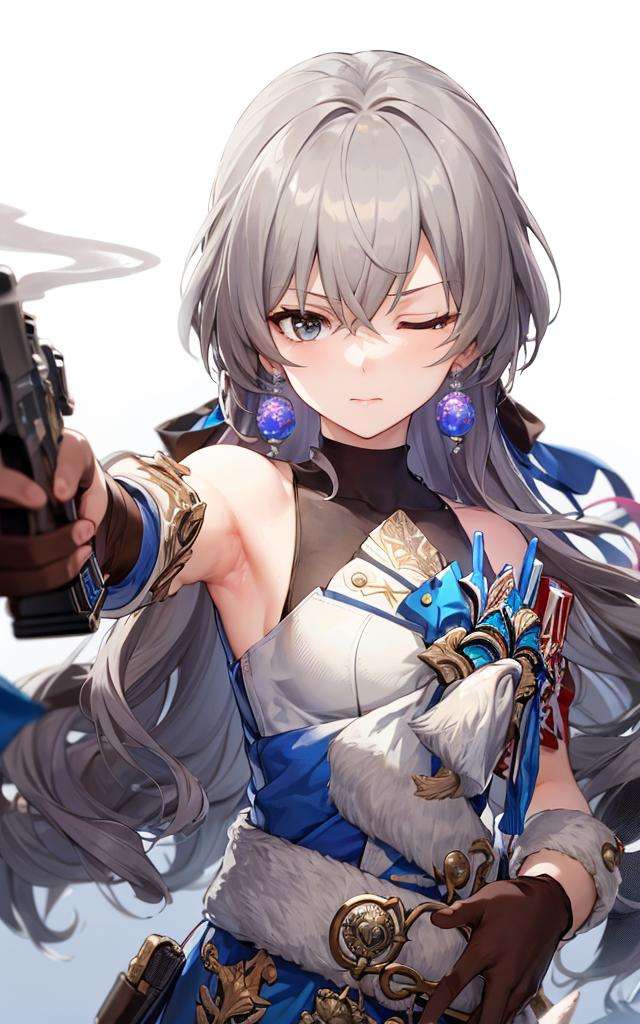 masterpiece,masterpiece, best quality,bronyarand,soloaiming at viewer, holding weapon, scene reference, holding gun, handgun, revolver, smoking guncosplay, one eye closed, black necktie,brown gloves, smoke, armband, upper body, bandana